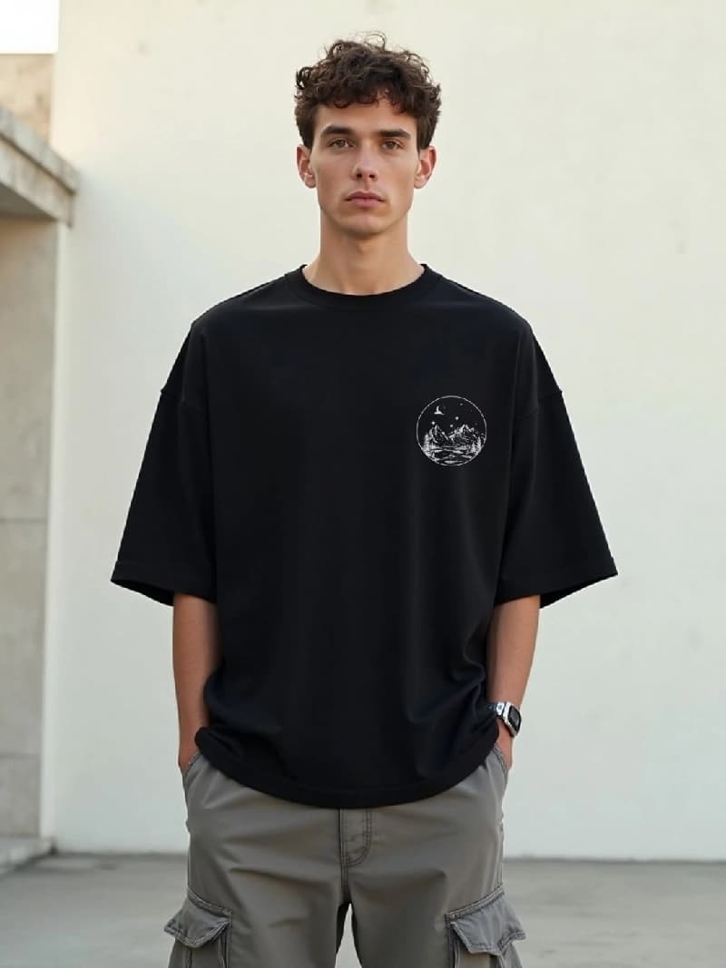Men's Black Casual Solid Oversized Fit Tshirt