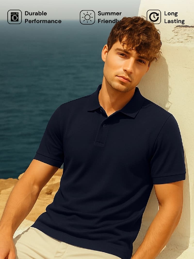 Men's Navy Casual Solid Oversized Fit Polo Tshirt
