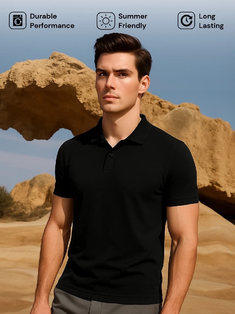 Men's Black Casual Solid Oversized Fit Polo Tshirt