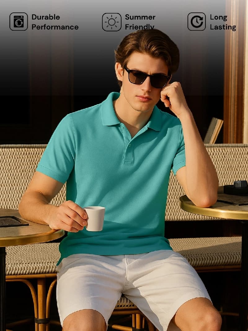 Men's Blue Casual Solid Regular Fit Polo Tshirt