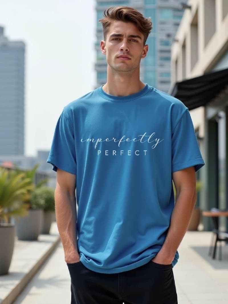 Men's Blue Casual Solid Oversized Fit Tshirt