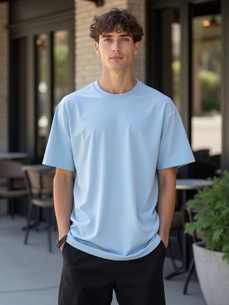 Men's Blue Casual Solid Oversized Fit Tshirt