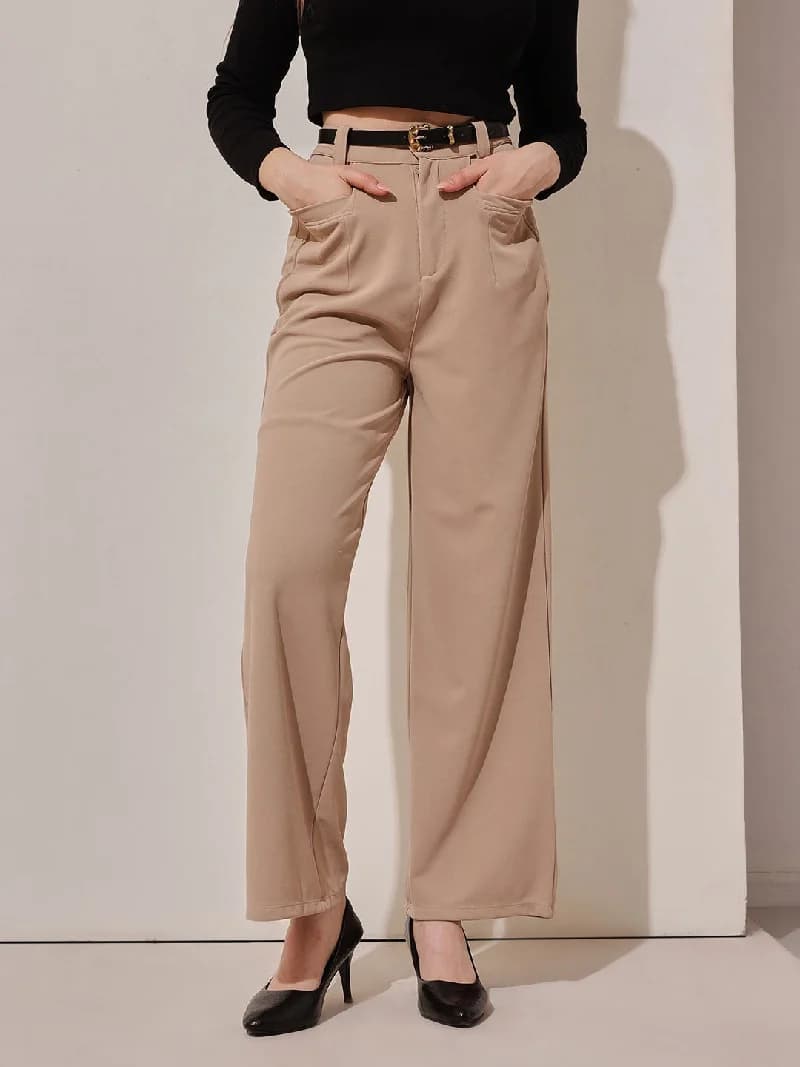 Women's Beige Casual Solid Straight Fit Trouser