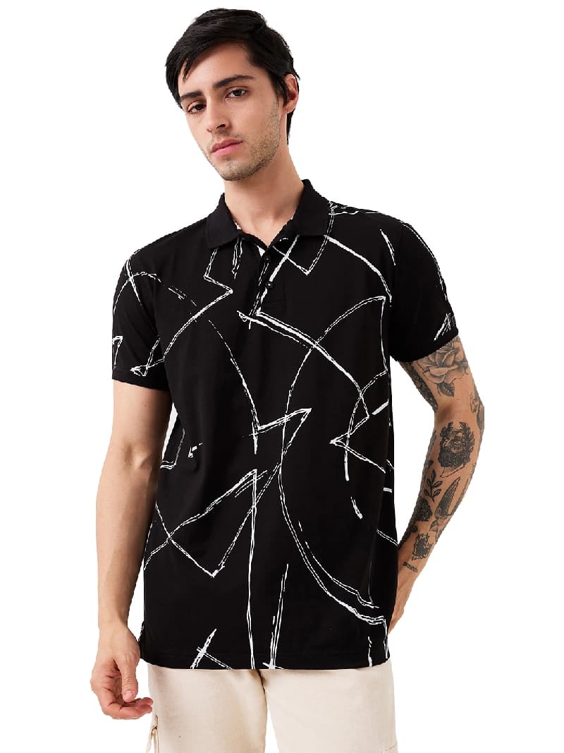 Men's Black Casual Printed Slim Fit Polo Tshirt