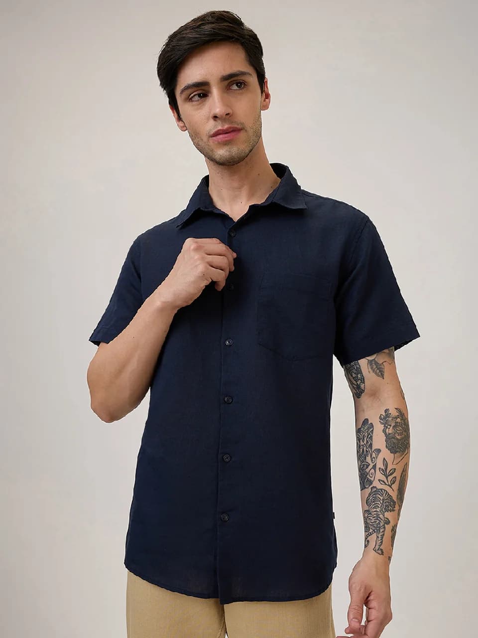 Men's Navy Casual Solid Slim Fit Cotton Shirt