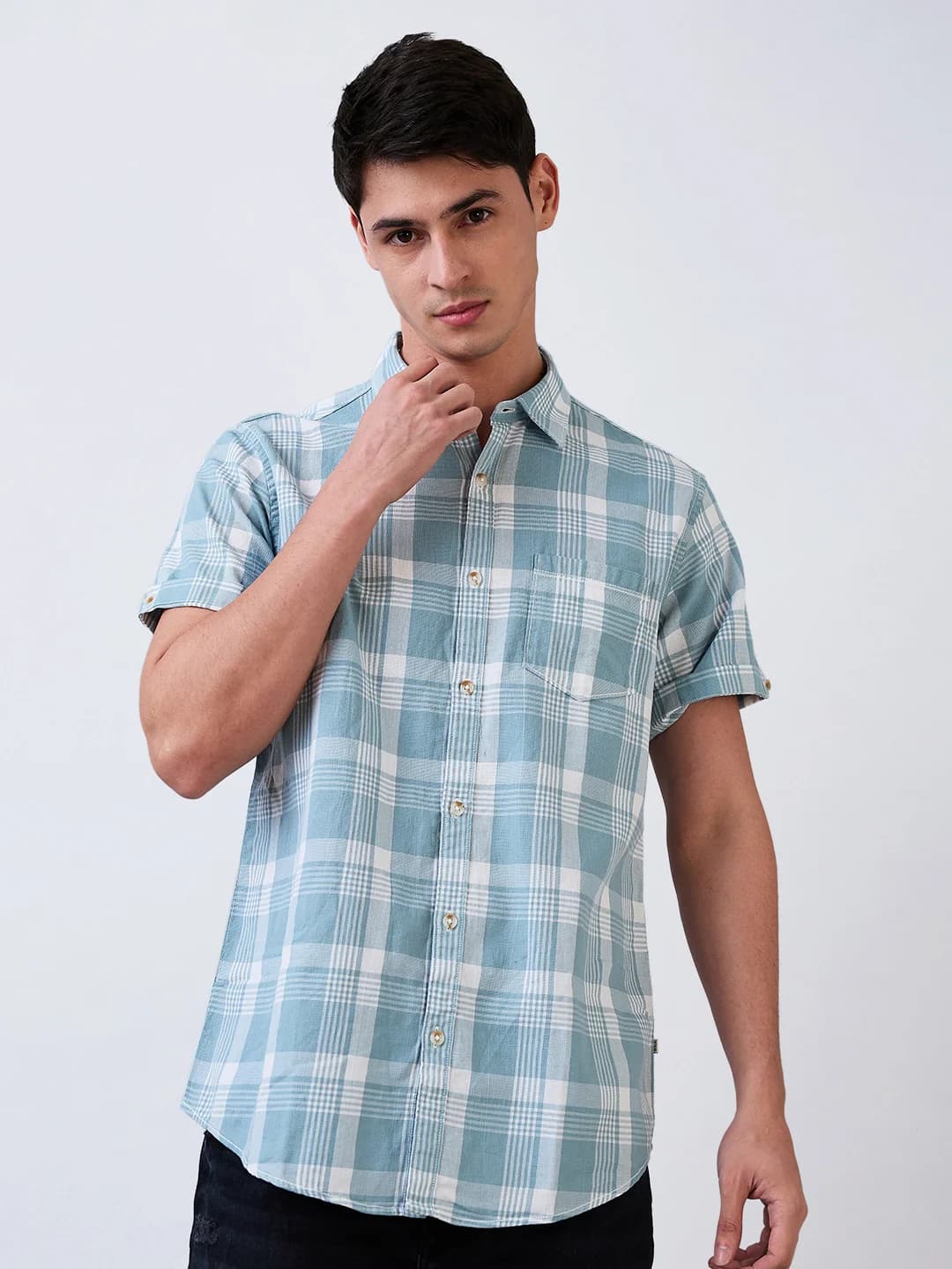 Men's Blue Casual Checked Slim Fit Cotton Shirt