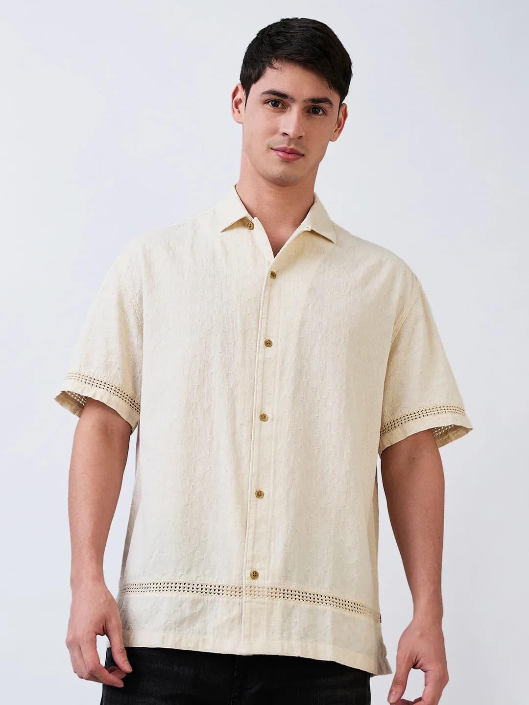 Men's Off White Casual Solid Regular Fit Cotton Shirt