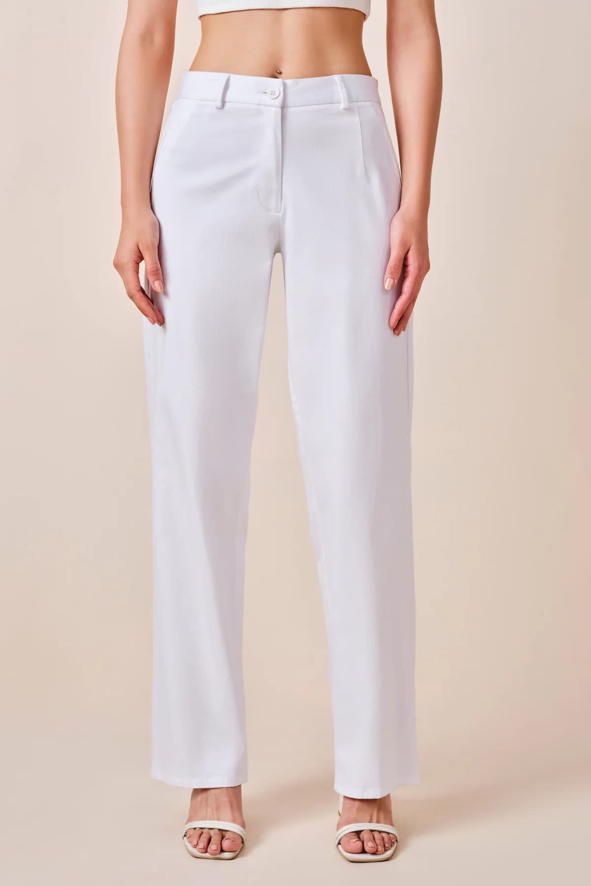Women's Off White Formal Solid Straight Fit Trouser