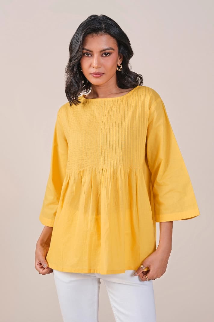 Women's Yellow Casual Solid Regular Fit Top