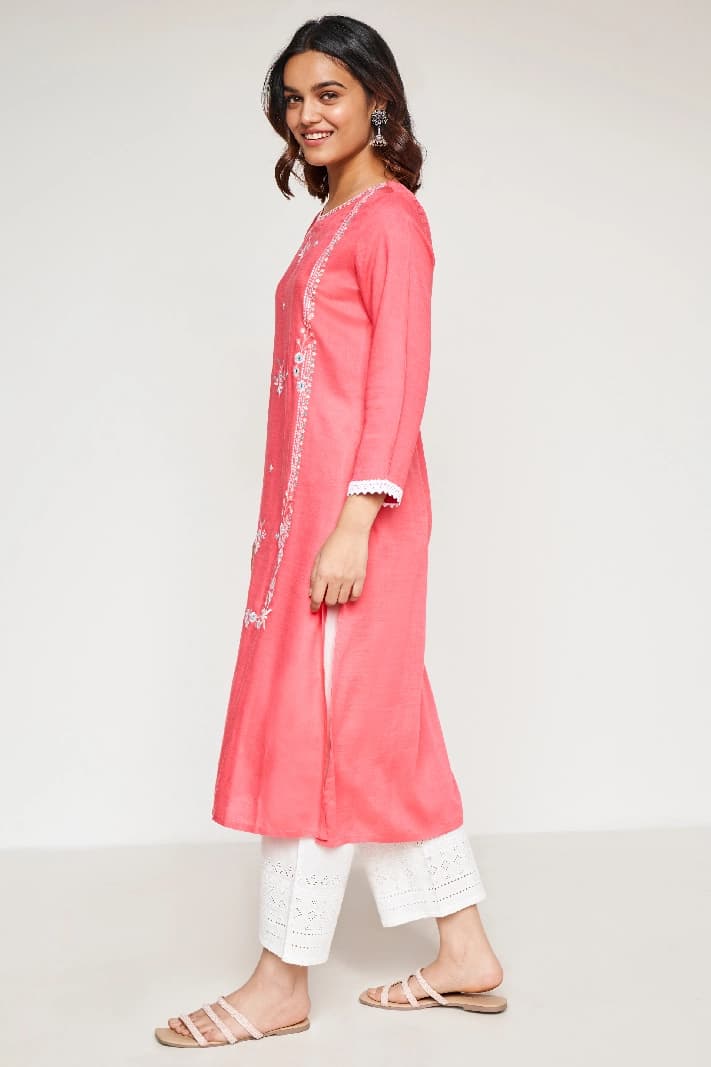 Women's Orange Casual Solid Regular Fit Kurta