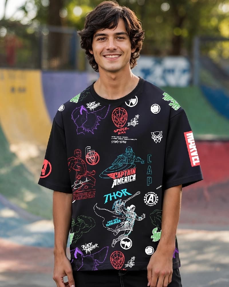 Men's Black Casual Printed Super Loose Fit Tshirt