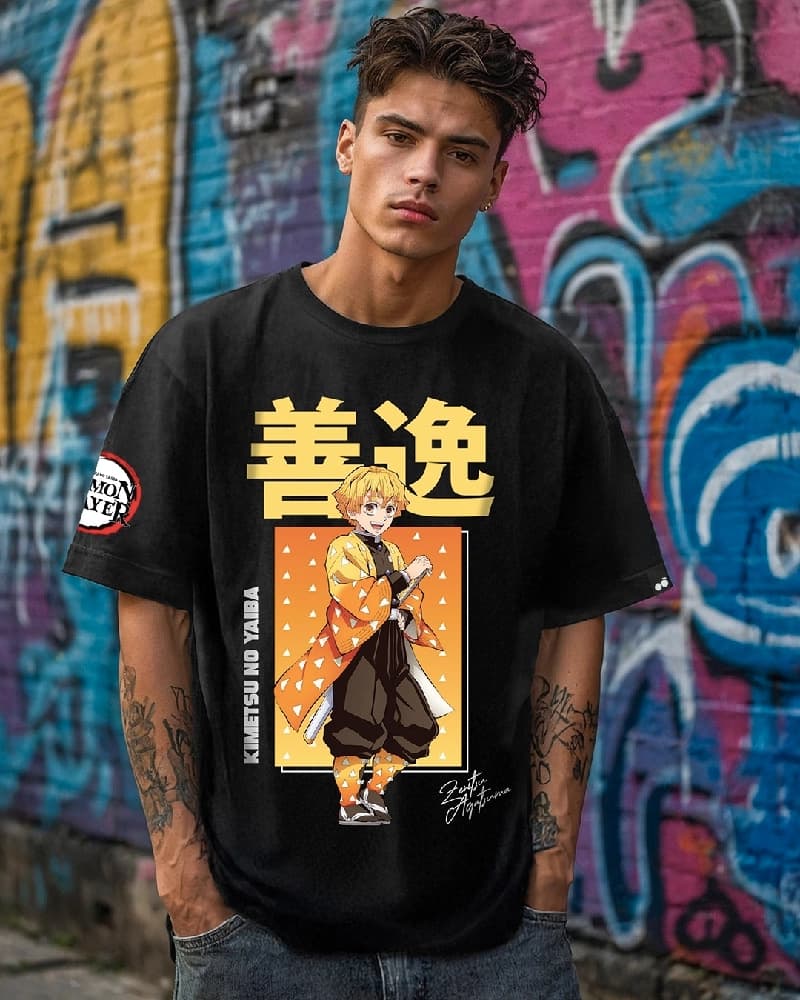 Men's Black Casual Graphic Oversized Fit Tshirt