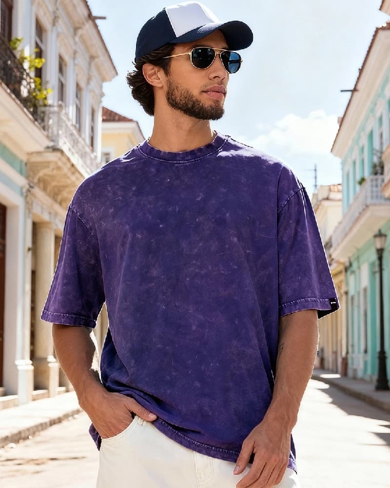 Men's Blue Casual Self-Design Oversized Fit Tshirt