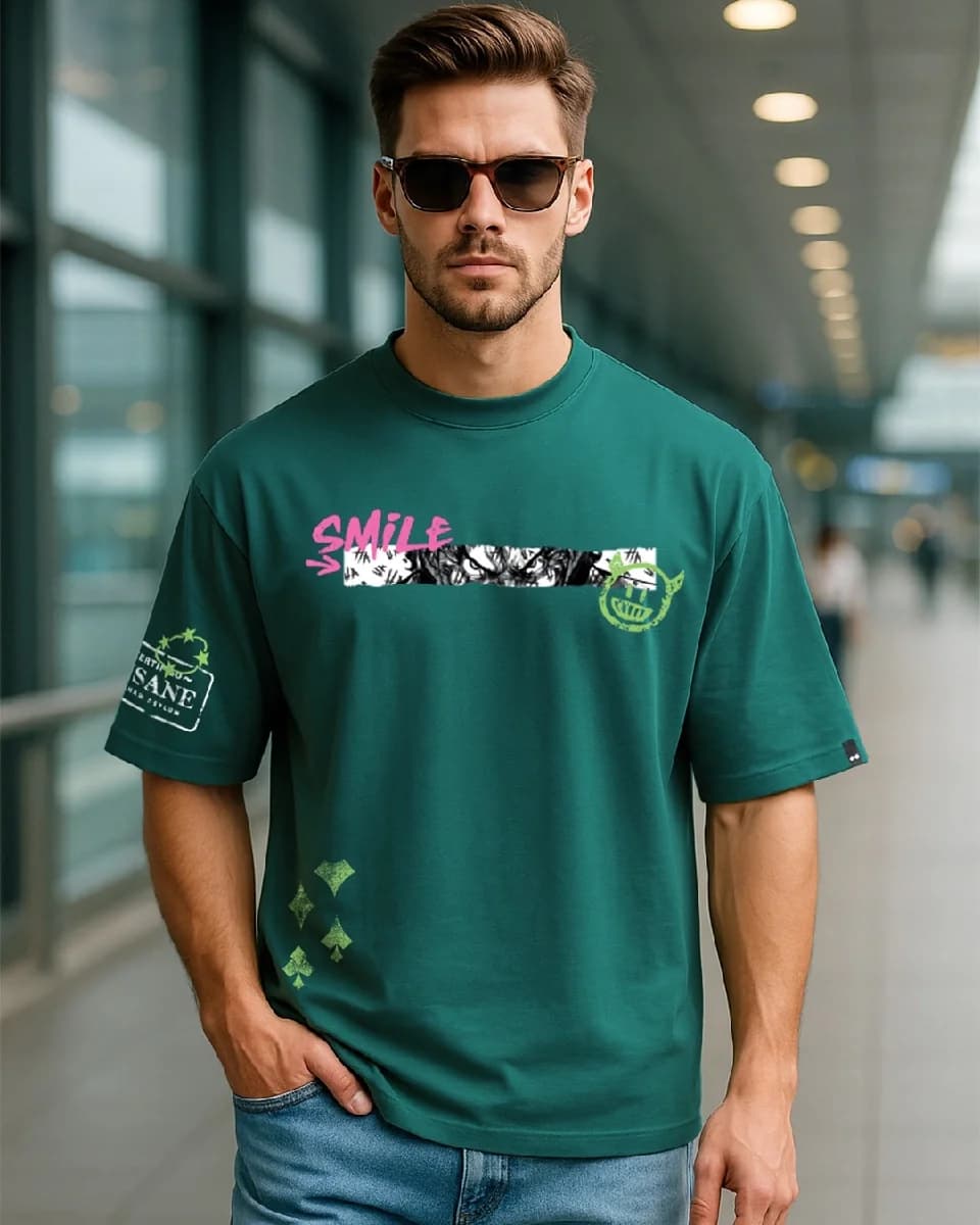 Men's Green Casual Graphic Oversized Fit Tshirt