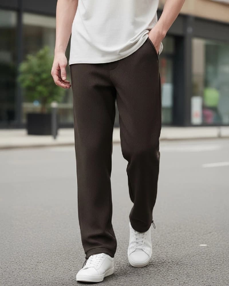 Men's Brown Casual Textured Oversized Fit Trouser