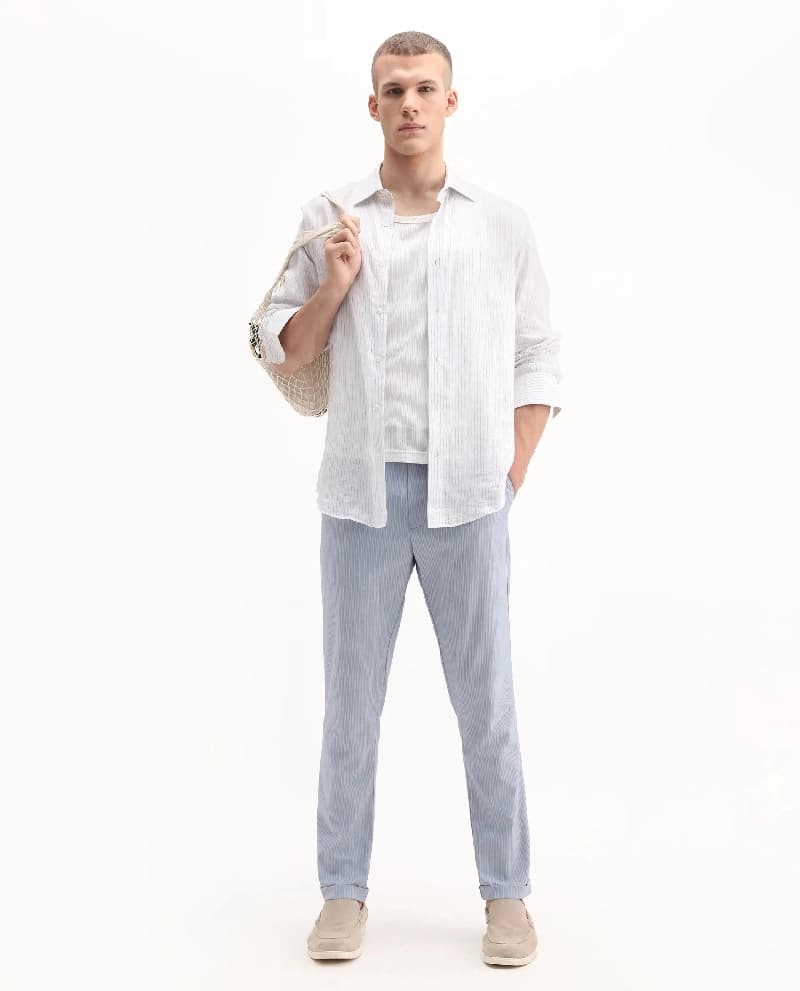 Men's Blue Casual Striped Regular Fit Trouser