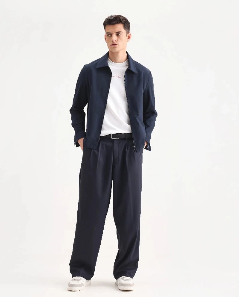 Men's Navy Casual Solid Regular Fit Trouser