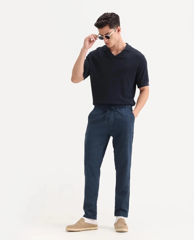 Men's Blue Casual Solid Regular Fit Trouser