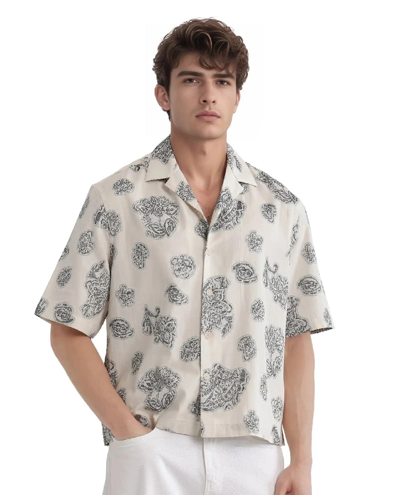 Men's White Casual Printed Oversized Fit Shirt