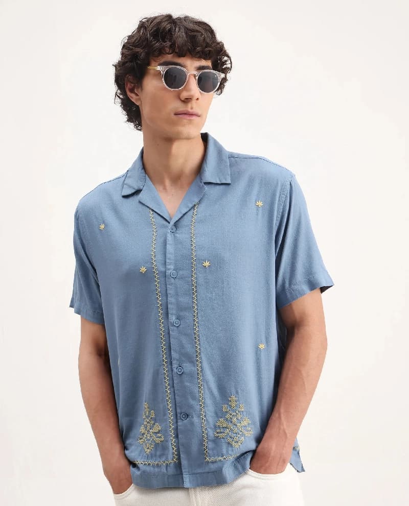 Men's Blue Casual Self-Design Oversized Fit Shirt