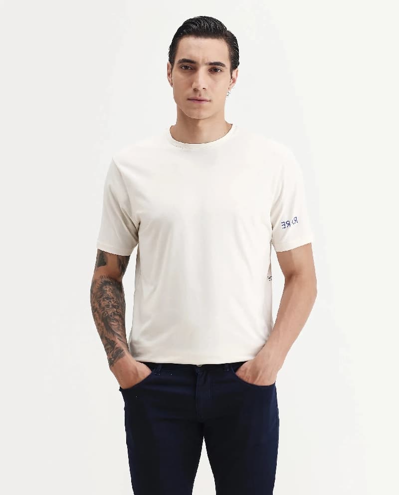 Men's Beige Casual Printed Regular Fit Tshirt