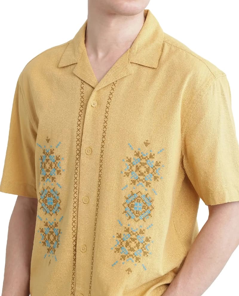 Men's Yellow Casual Self-Design Oversized Fit Shirt