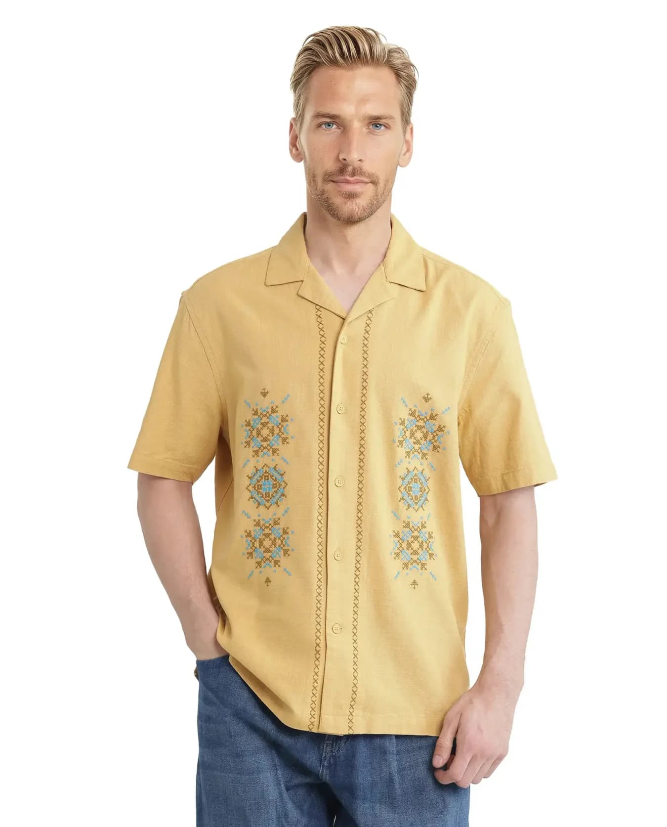 Men's Yellow Casual Self-Design Oversized Fit Cotton Shirt
