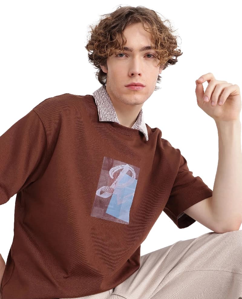Men's Brown Casual Printed Oversized Fit Tshirt