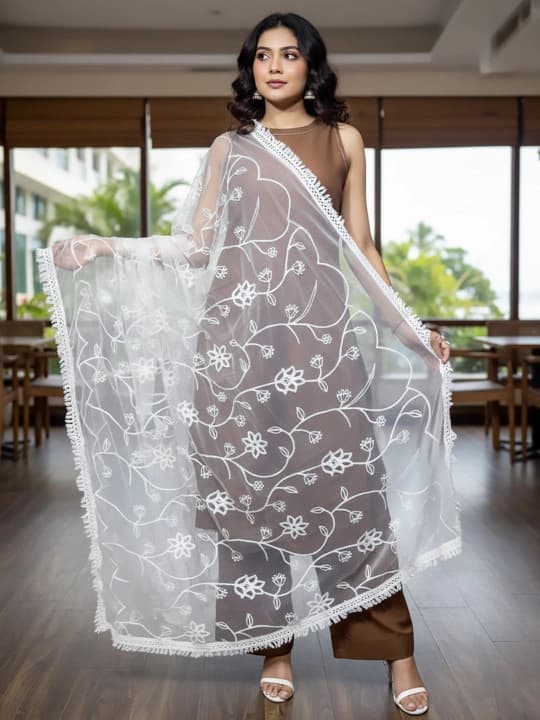 Women's White Festive Printed Dupatta