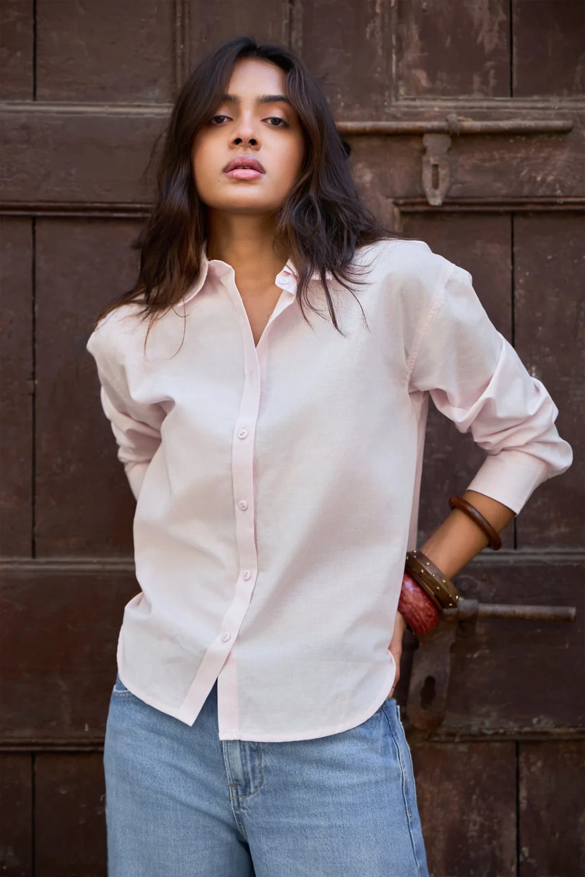 Women's Pink Casual Solid Regular Fit Linen Shirt