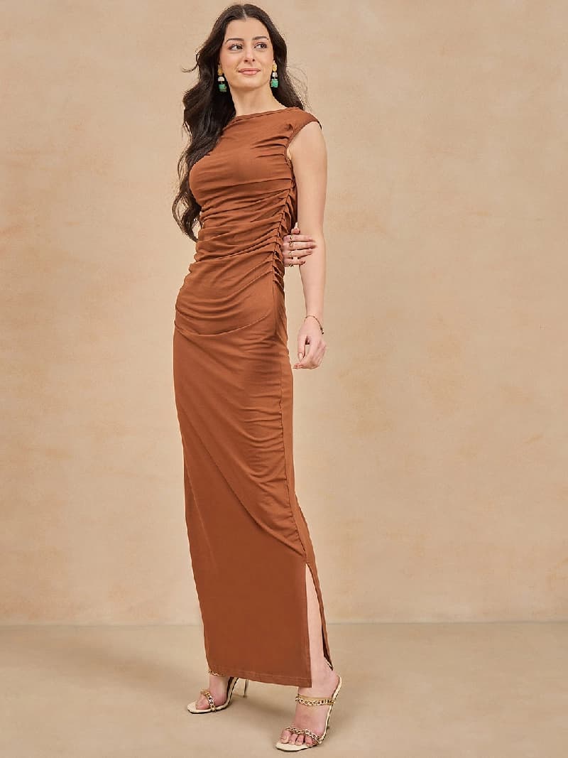 Women's Brown Casual Solid Dress