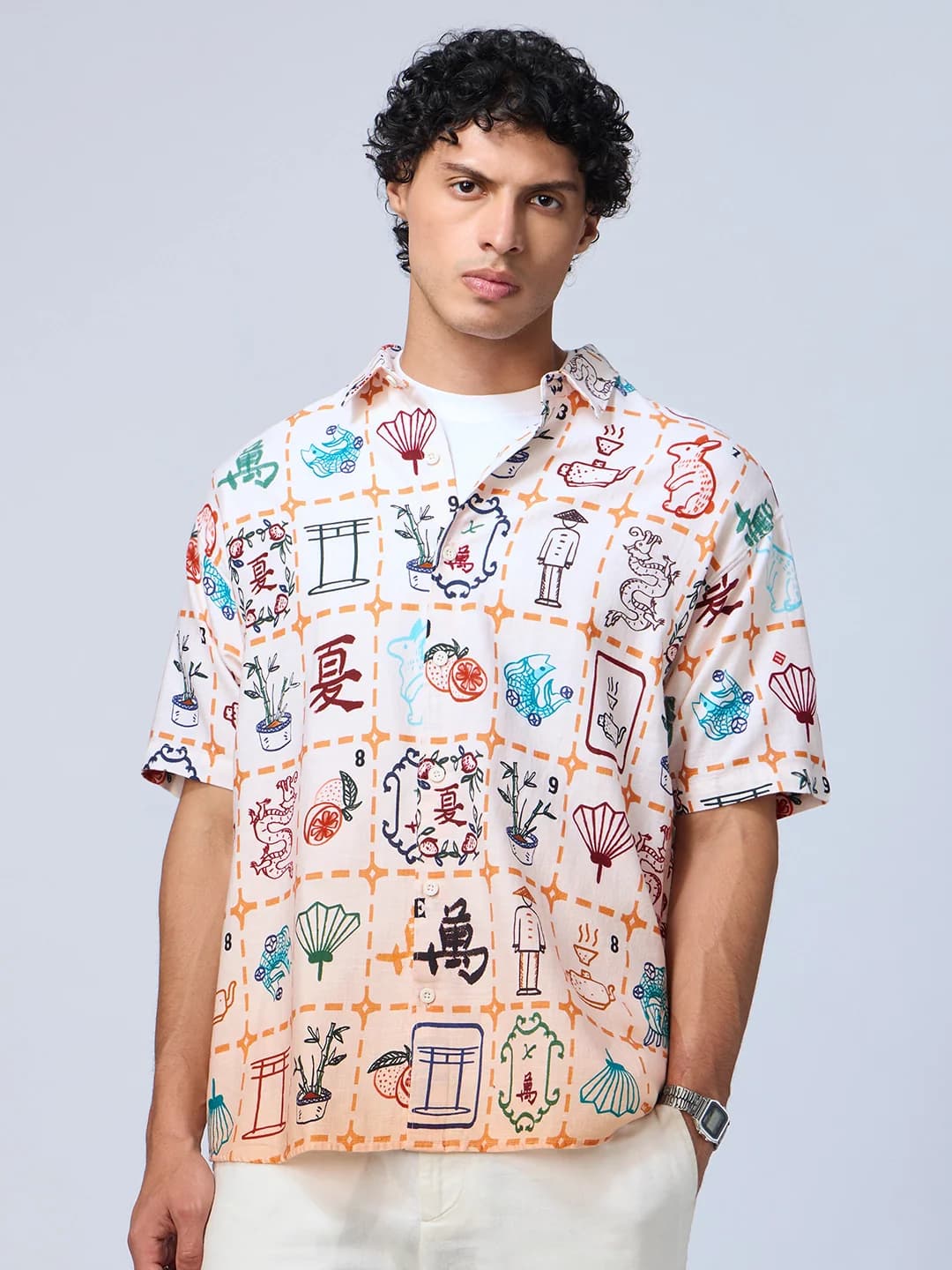 Men's White Casual Printed Oversized Fit Cotton Shirt