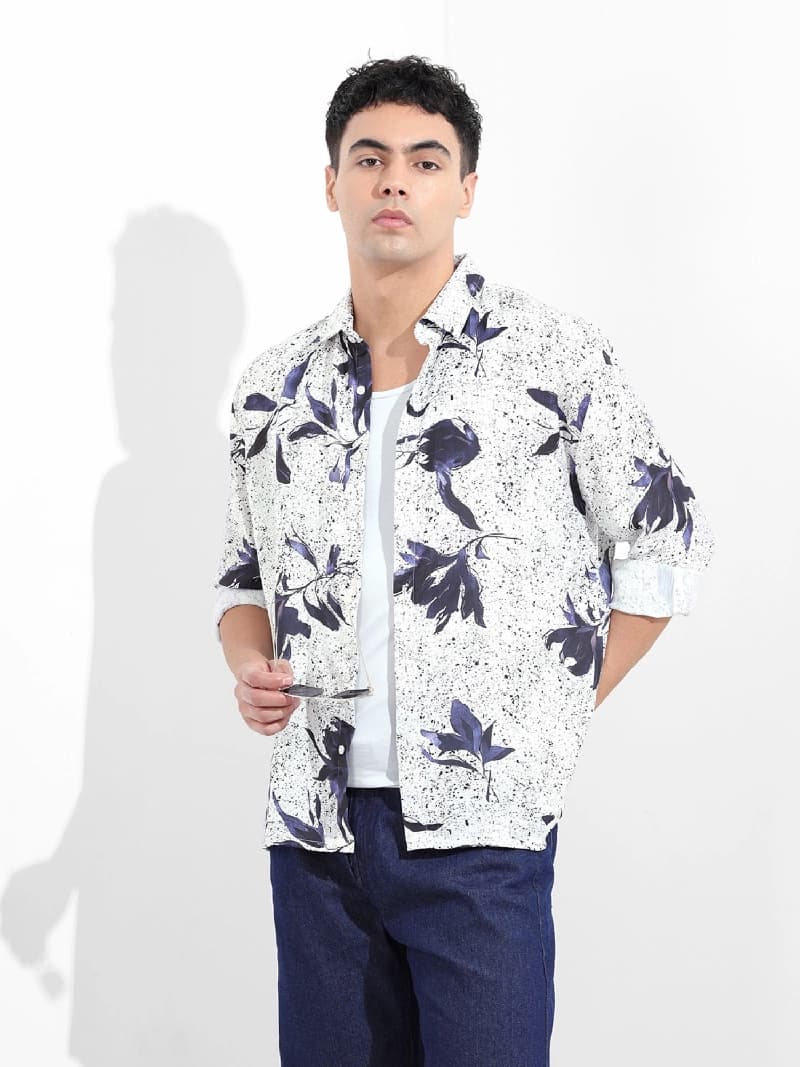 Men's White Casual Printed Regular Fit Shirt