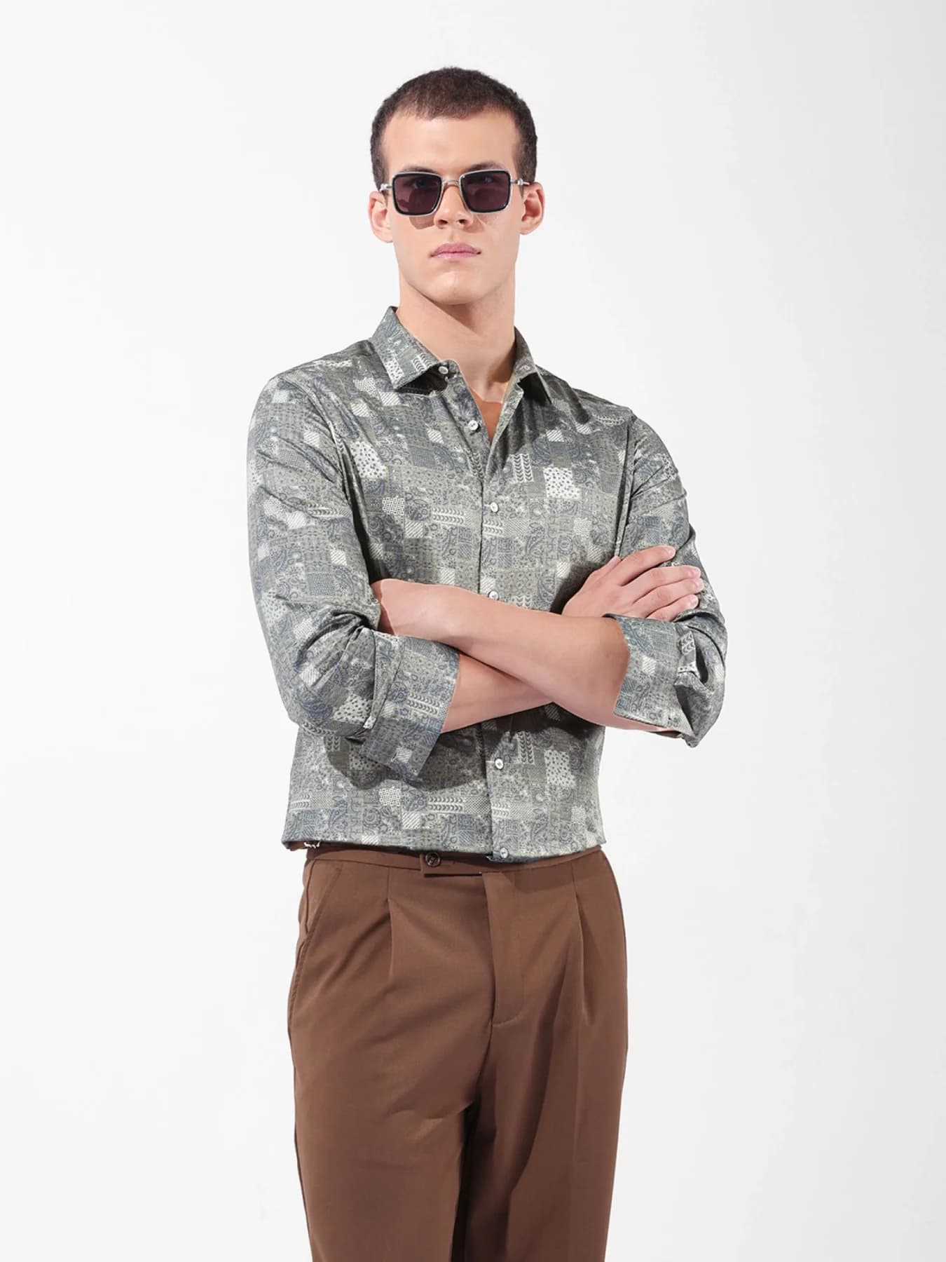 Men's Green Casual Printed Slim Fit Cotton Shirt