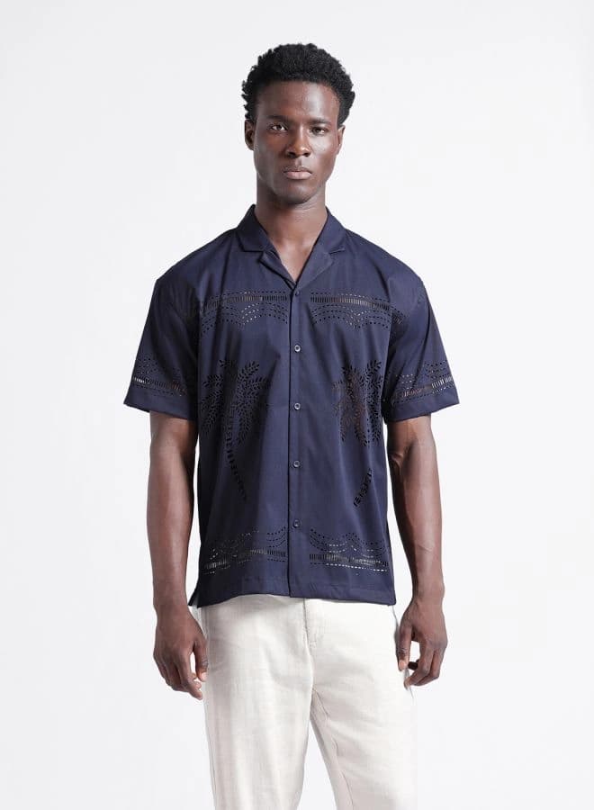 Men's Blue Casual Self-Design Regular Fit Shirt