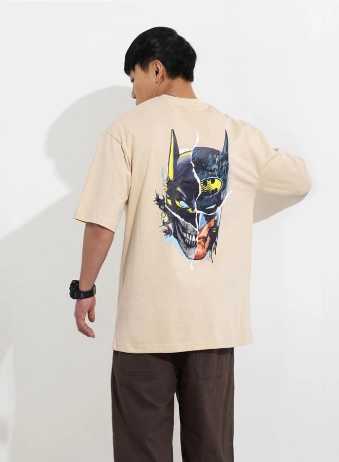 Men's Beige Casual Printed Oversized Fit Tshirt