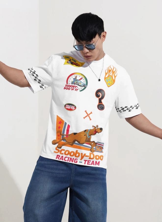 Men's White Casual Printed Boxy Fit Tshirt