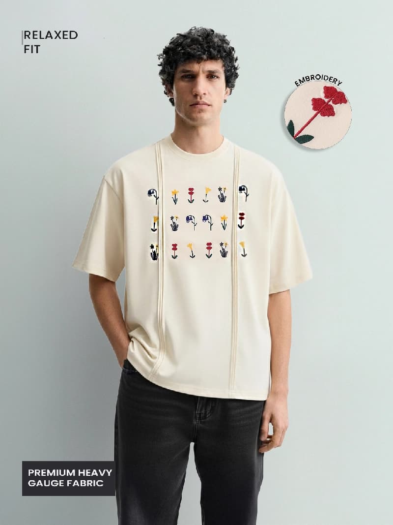 Men's Cream Casual Self-Design Oversized Fit Tshirt