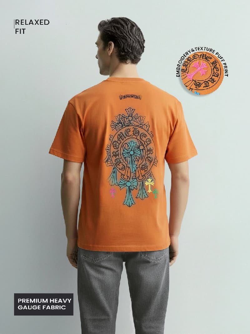 Men's Orange Casual Printed Oversized Fit Tshirt