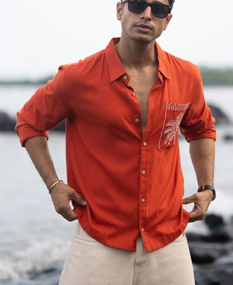 Men's Orange Casual Printed Regular Fit Shirt