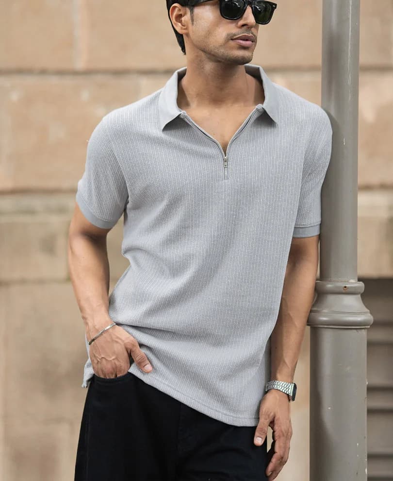 Men's Grey Casual Solid Regular Fit Polo Tshirt