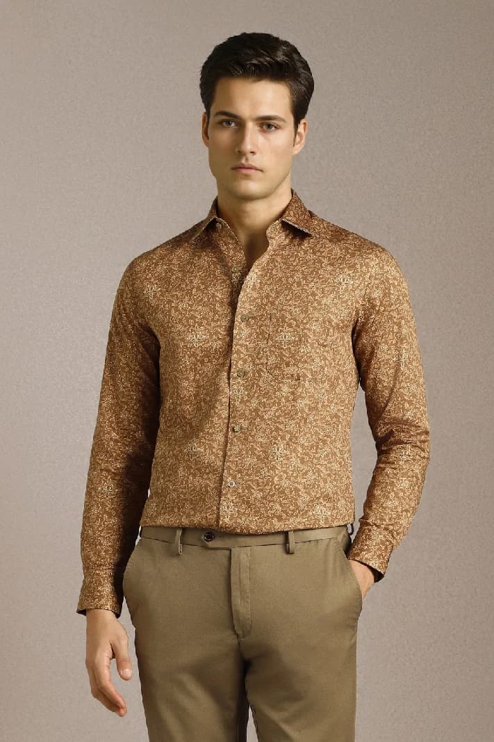Men's Beige Formal Printed Regular Fit Cotton Shirt