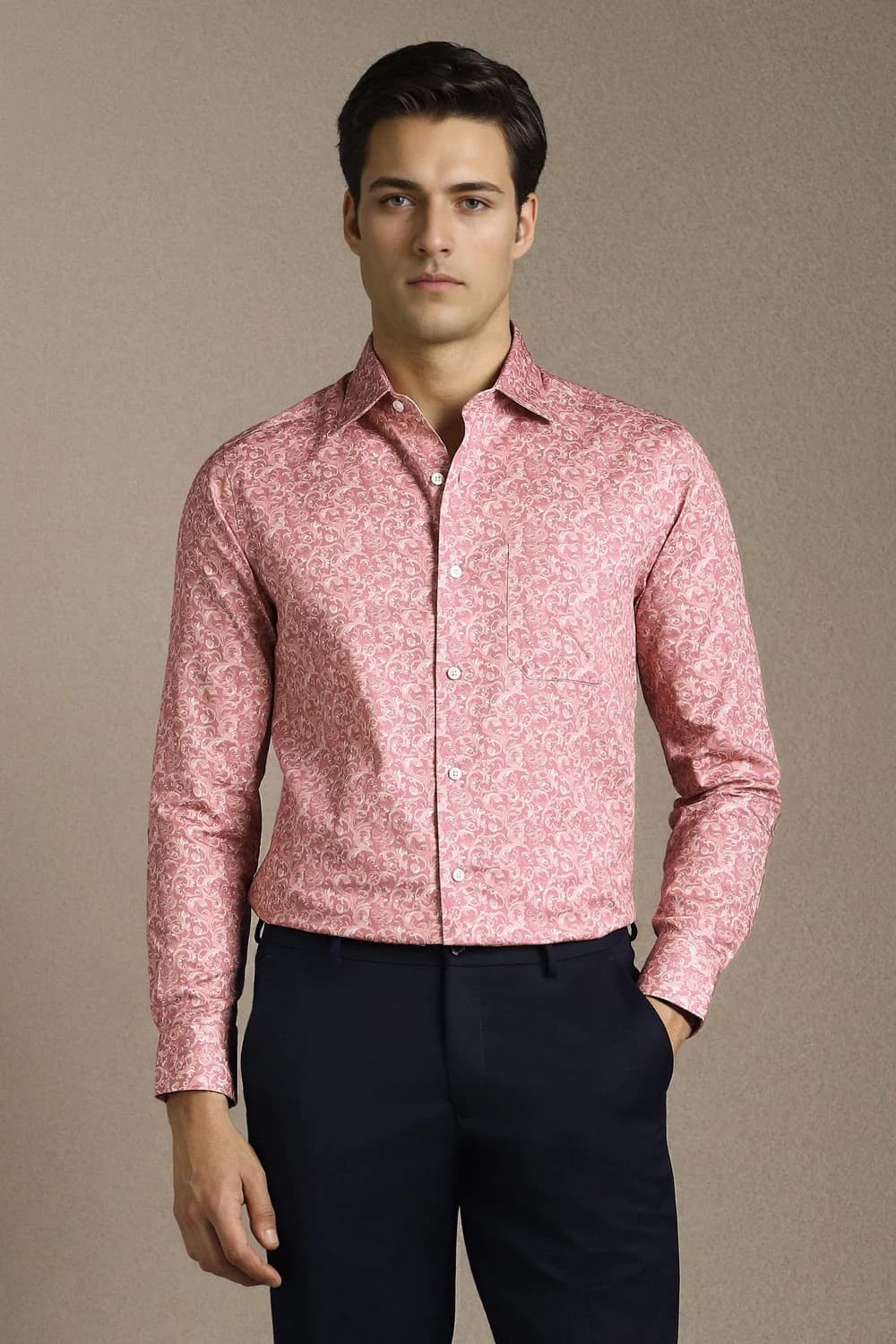 Men's Pink Formal Printed Regular Fit Cotton Shirt