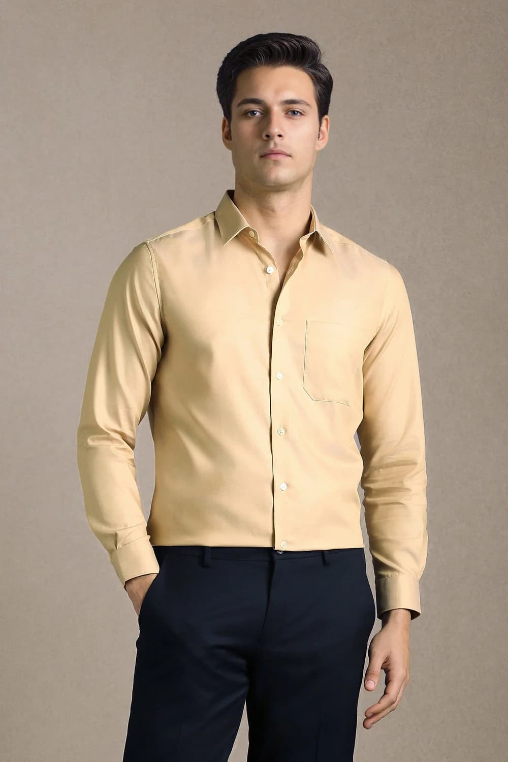 Men's Beige Formal Solid Regular Fit Cotton Shirt