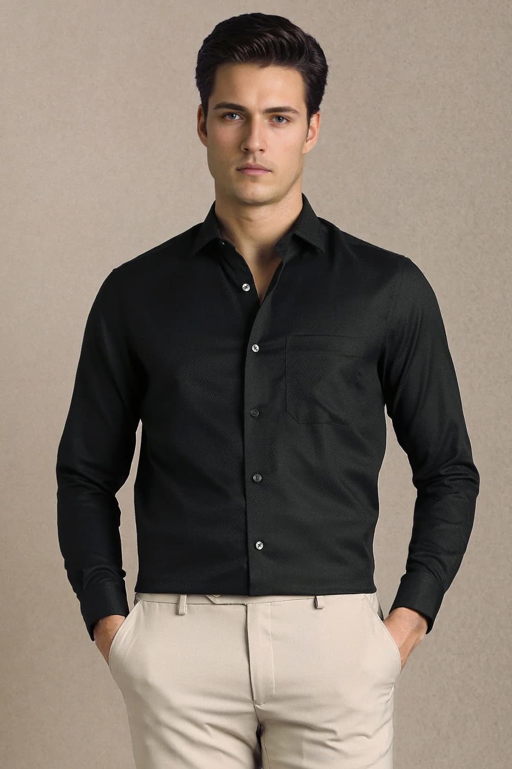 Men's Black Formal Solid Regular Fit Permapress Cotton Shirt