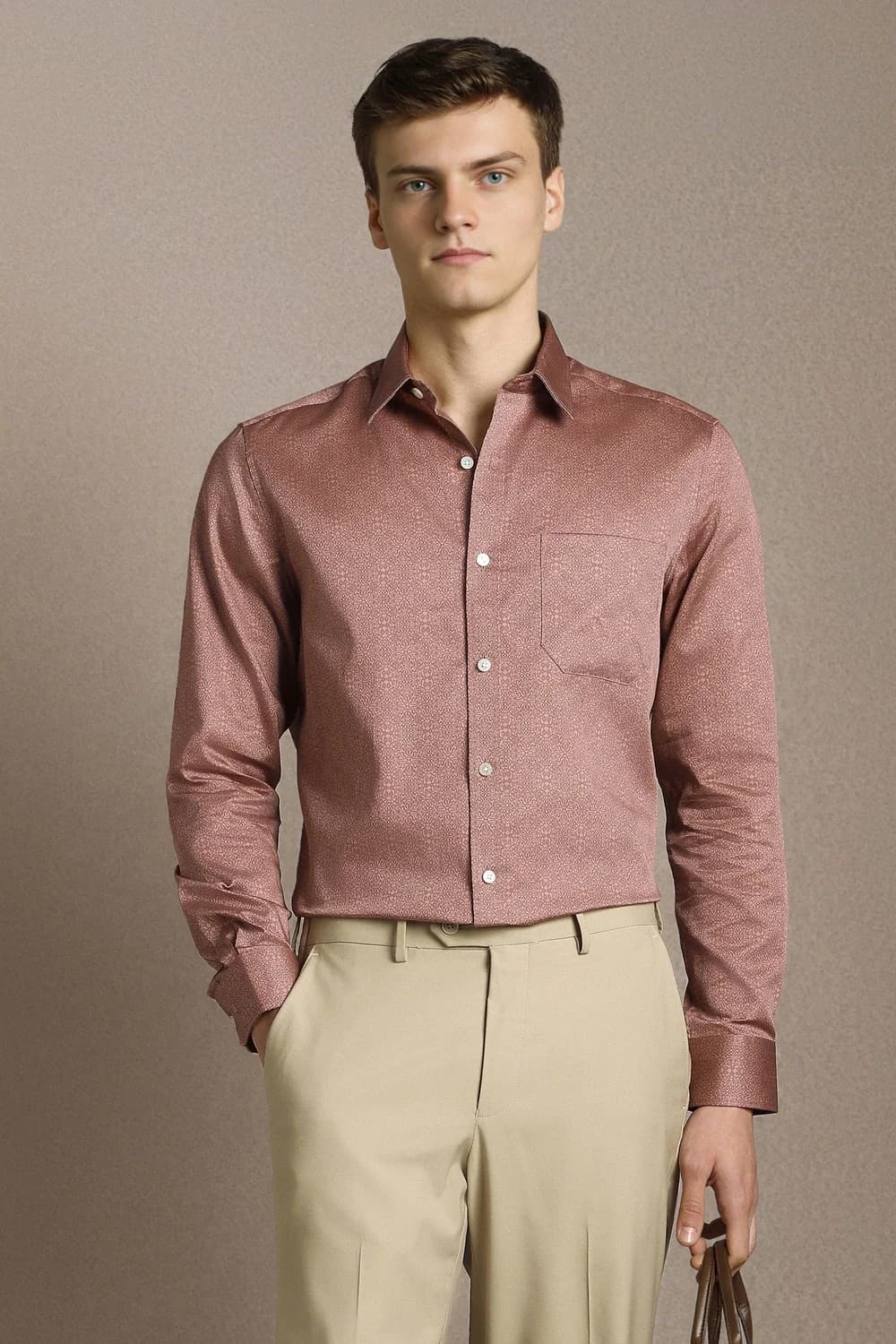 Men's Beige Formal Printed Regular Fit Cotton Shirt