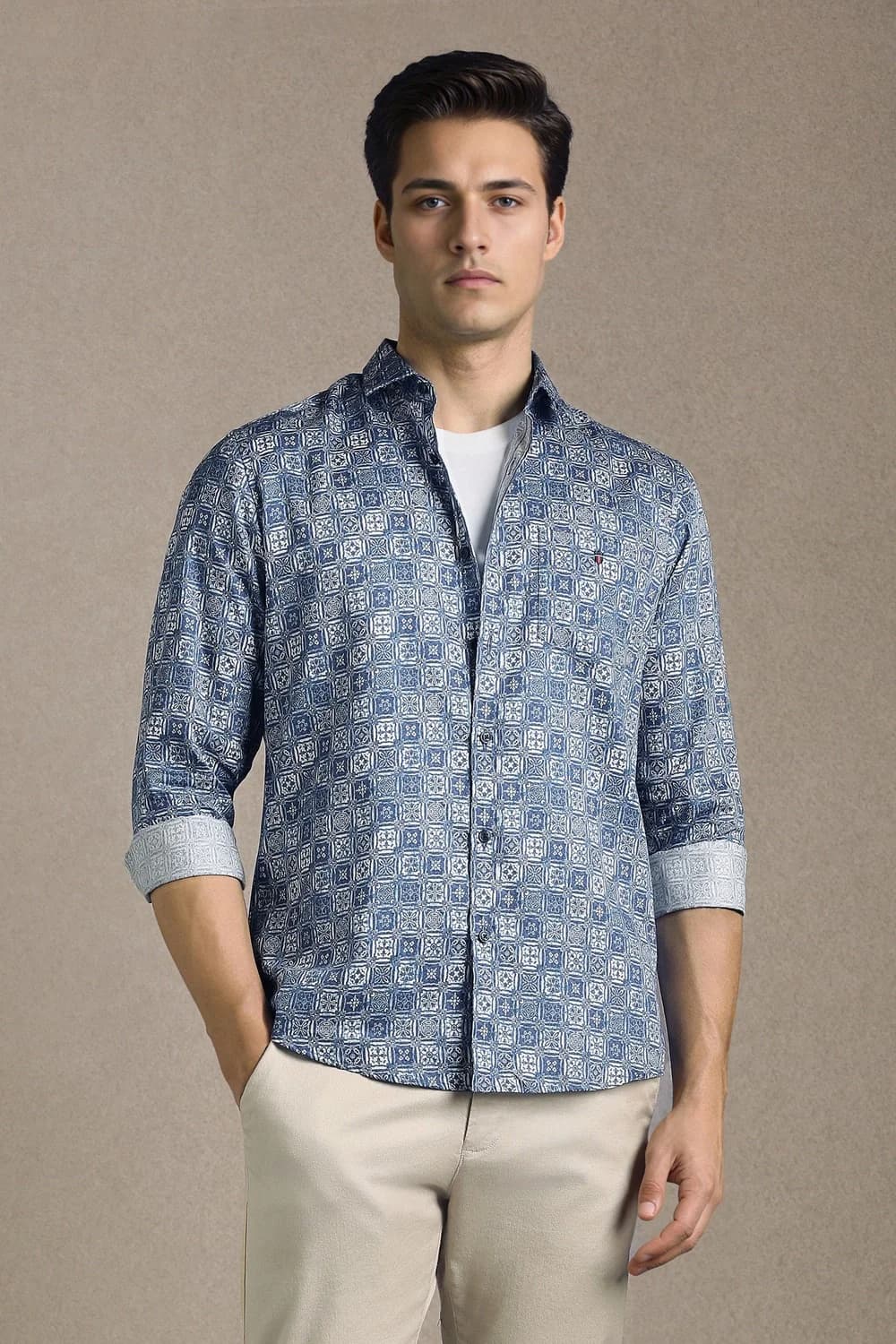 Men's Blue Casual Printed Slim Fit Cotton Shirt