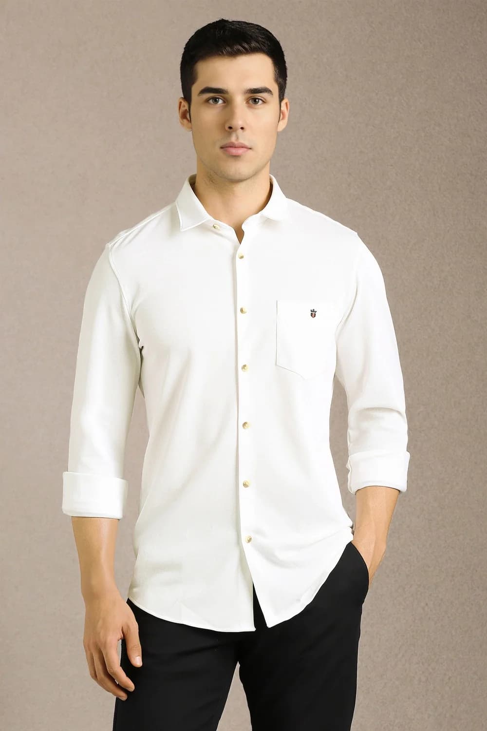 Men's White Casual Solid Slim Fit Cotton Shirt