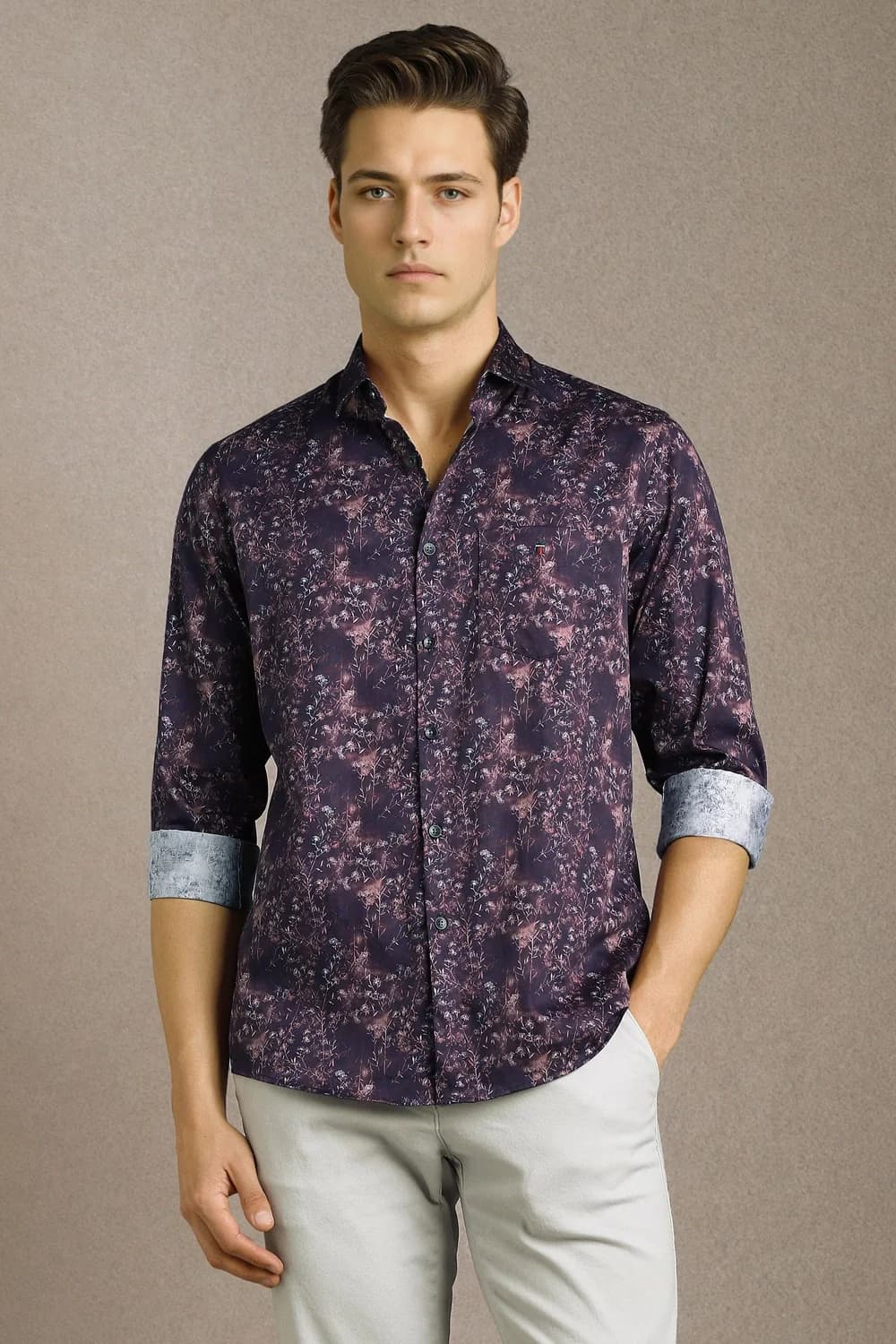Men's Brown Casual Printed Slim Fit Cotton Shirt