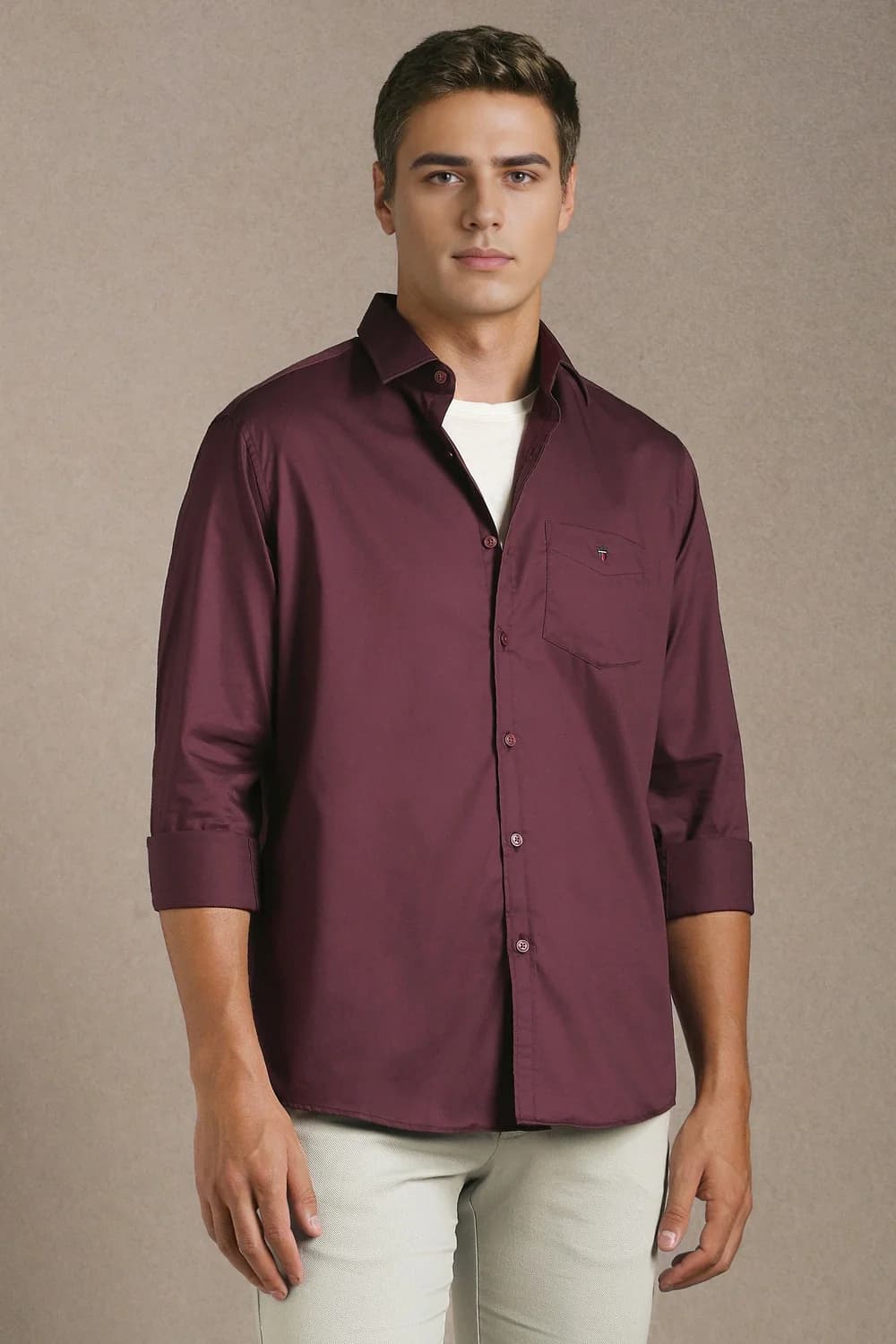 Men's Red Casual Solid Slim Fit Cotton Shirt
